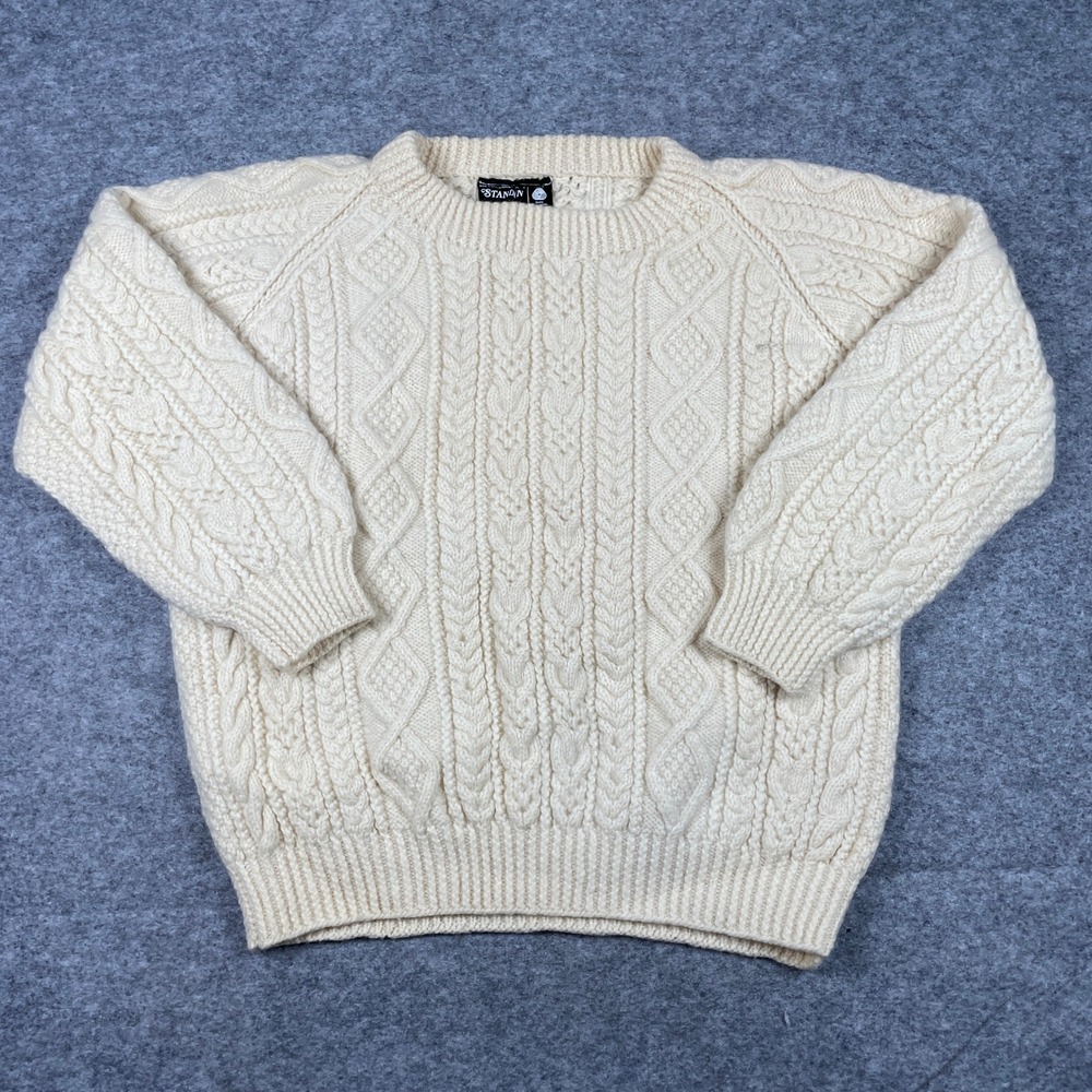 VTG 80s Pure Wool Aran Hand Knit Sweater Mens L Cream Fisherman Standun Ireland